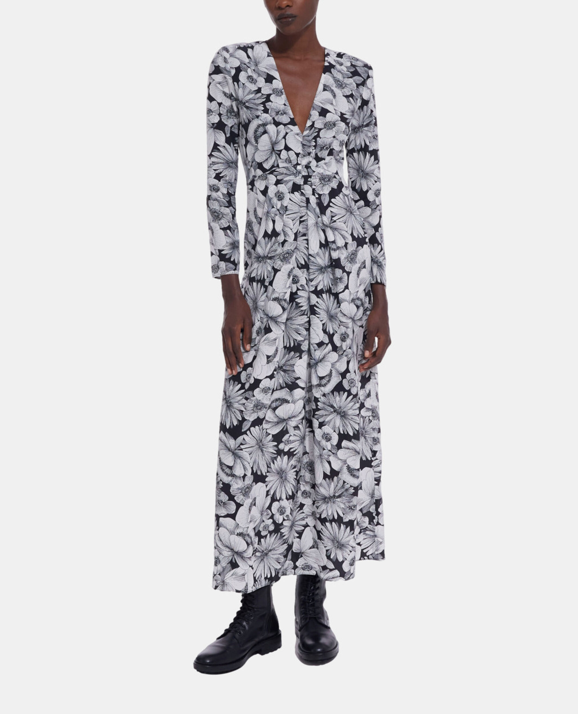 Vestido largo seda floral, BLACK WHITE, hi-res image number null