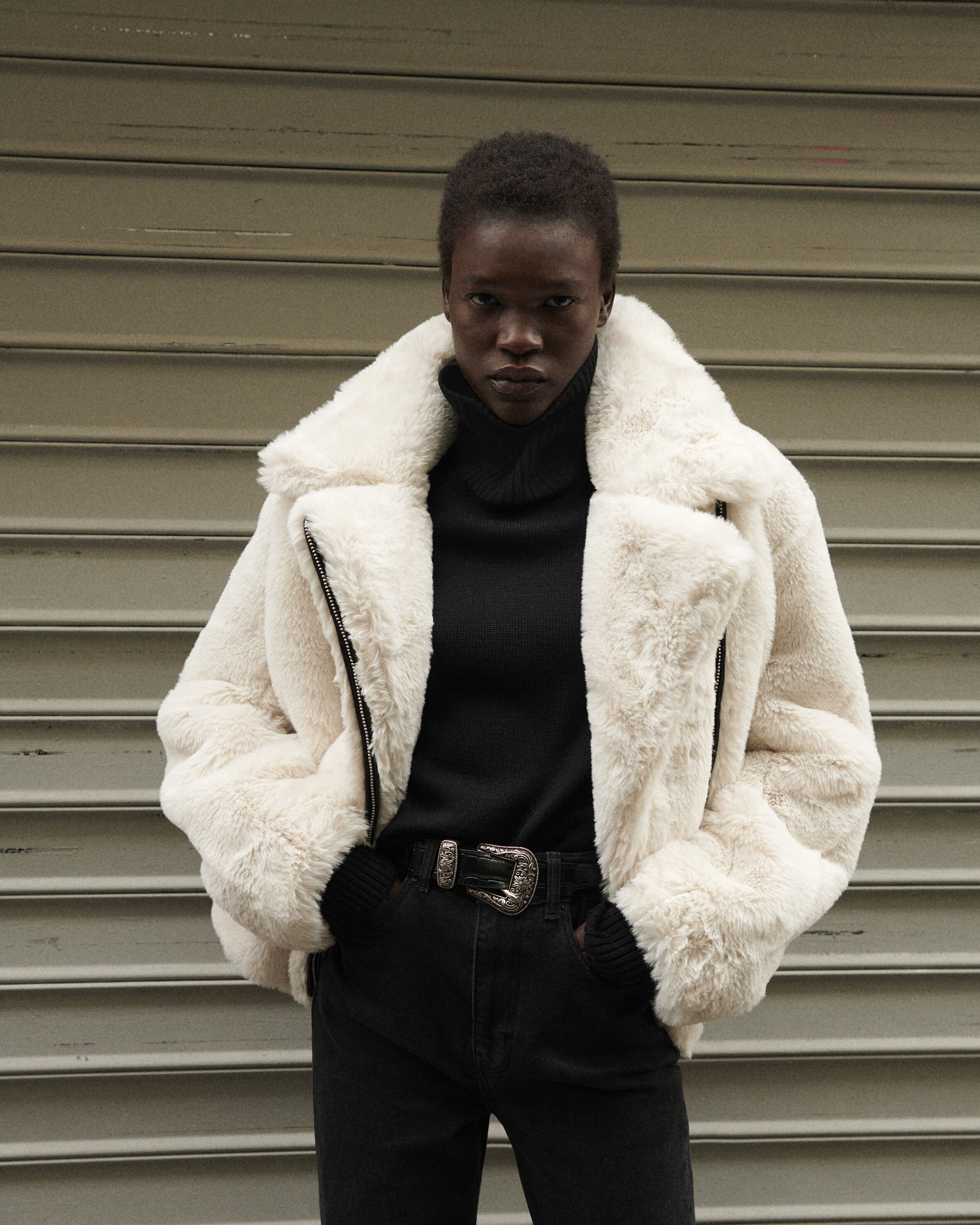 White faux fur coat with leather The Kooples