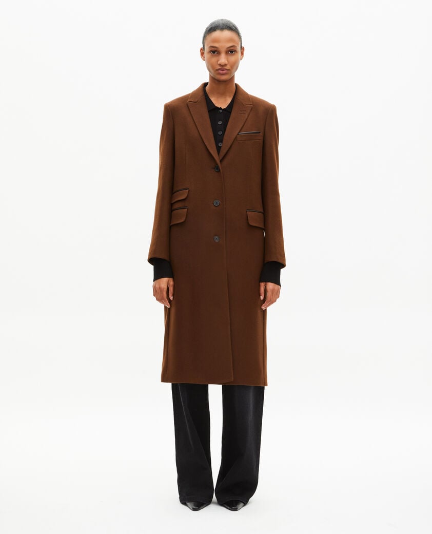 The Kooples WOMEN CHOCOLATE long wool coat with brown leather details