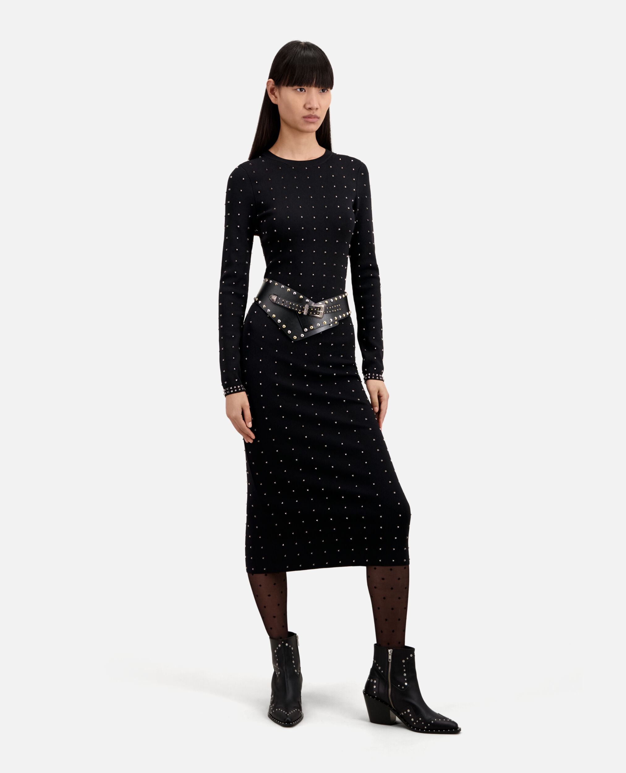Langes, schwarzes Kleid mit Nieten, BLACK, hi-res image number null