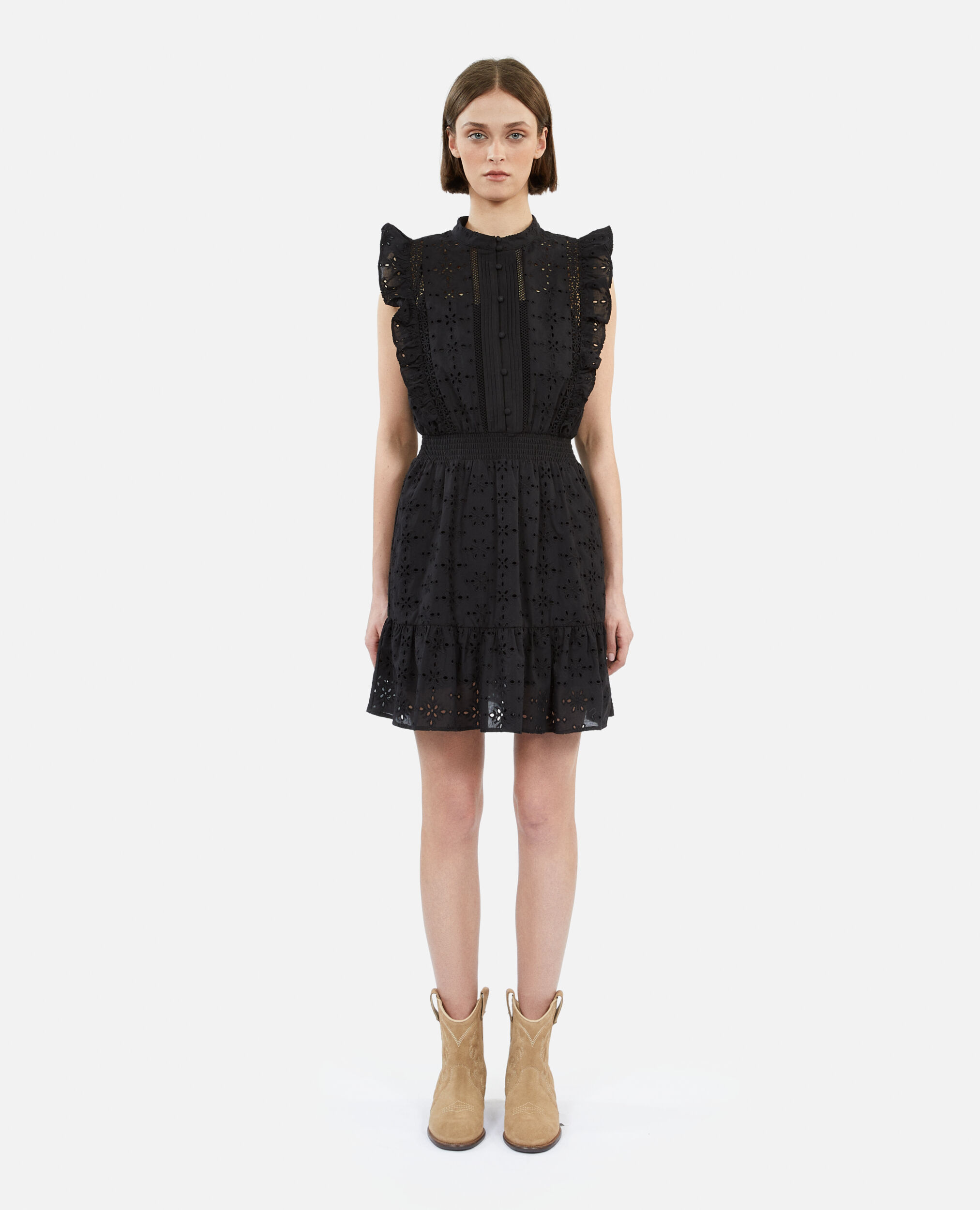 Kurzes schwarzes Kleid mit Stickerei, BLACK, hi-res image number null
