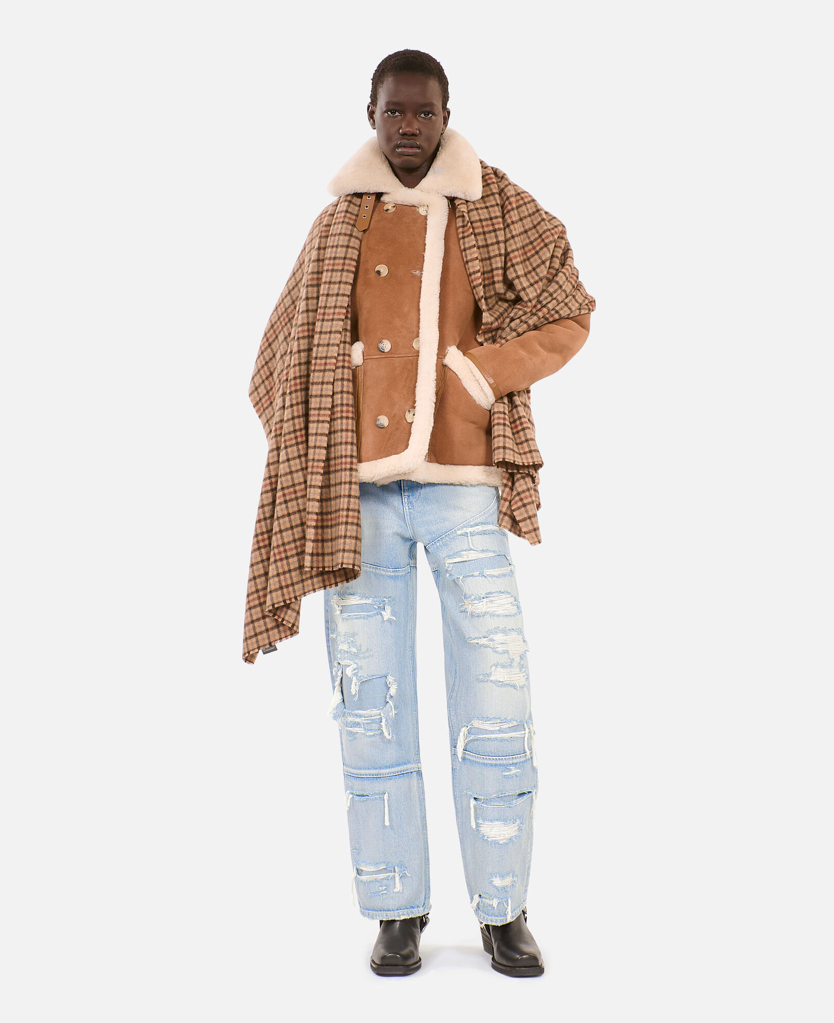 The Kooples WOMEN BROWN-BEIGE short brown shearling coat