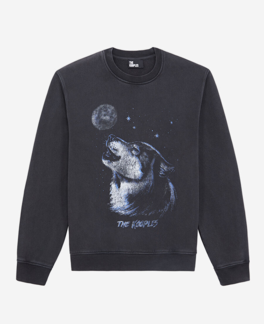 The Kooples HOMME BLACK WASHED sweatshirt homme noir avec sérigraphie wolf