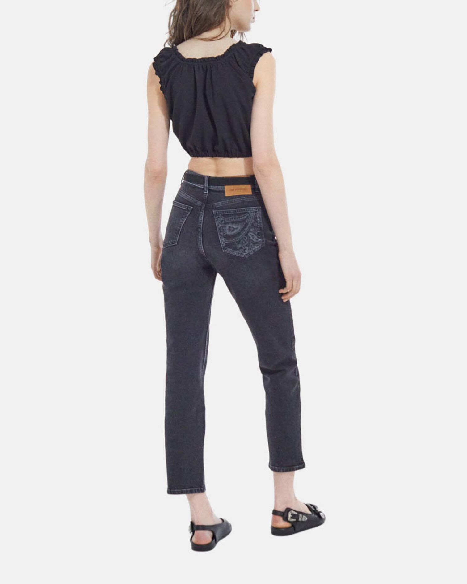 Black crepe top with short puffed sleeves, BLACK, hi-res image number null