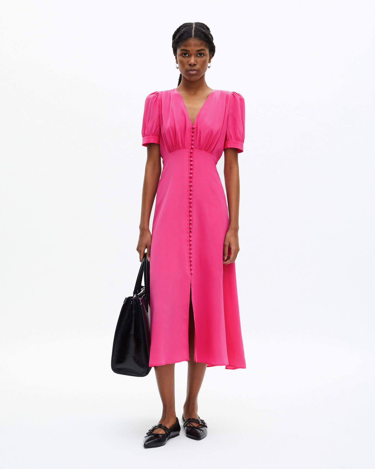 Robe longue avec boutonnage en soie rose, FUSHIA, hi-res image number null