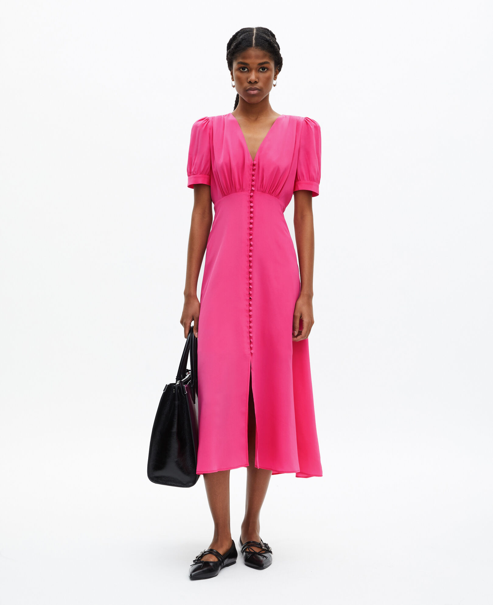 The Kooples WOMEN FUSHIA long buttoned dress in pink silk