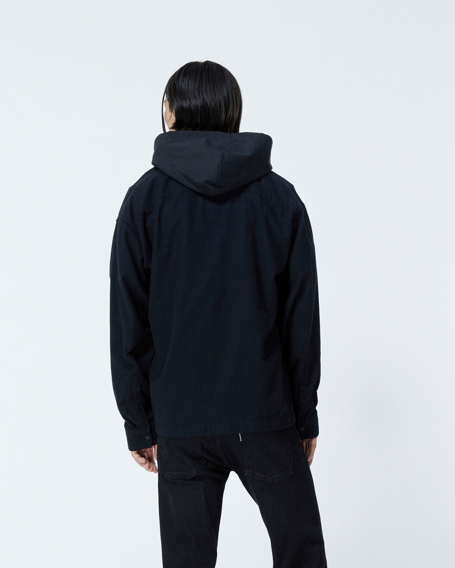 Buttoned hooded black cotton shirt, BLACK, hi-res image number null