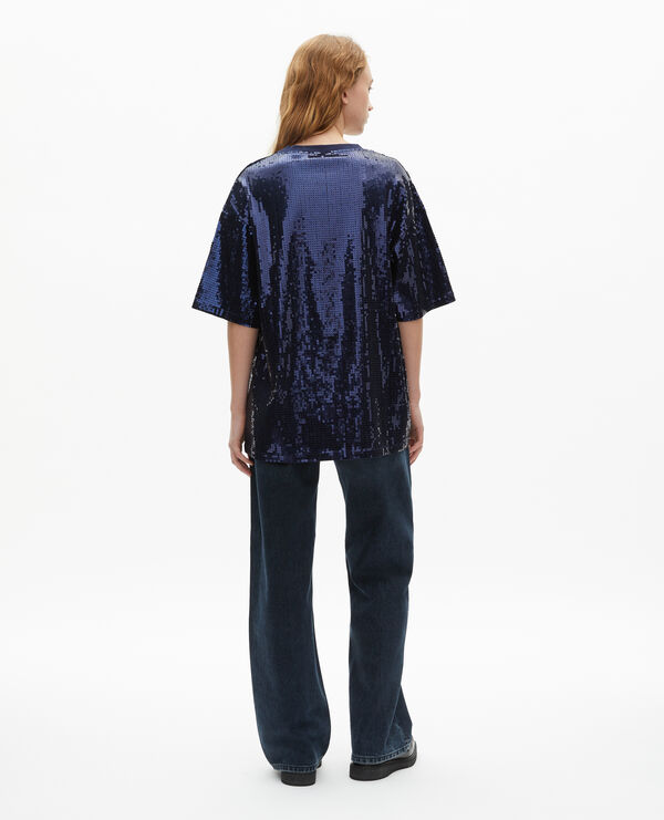 The Kooples WOMEN DARK NAVY sequin and blue silk-screen t-shirt