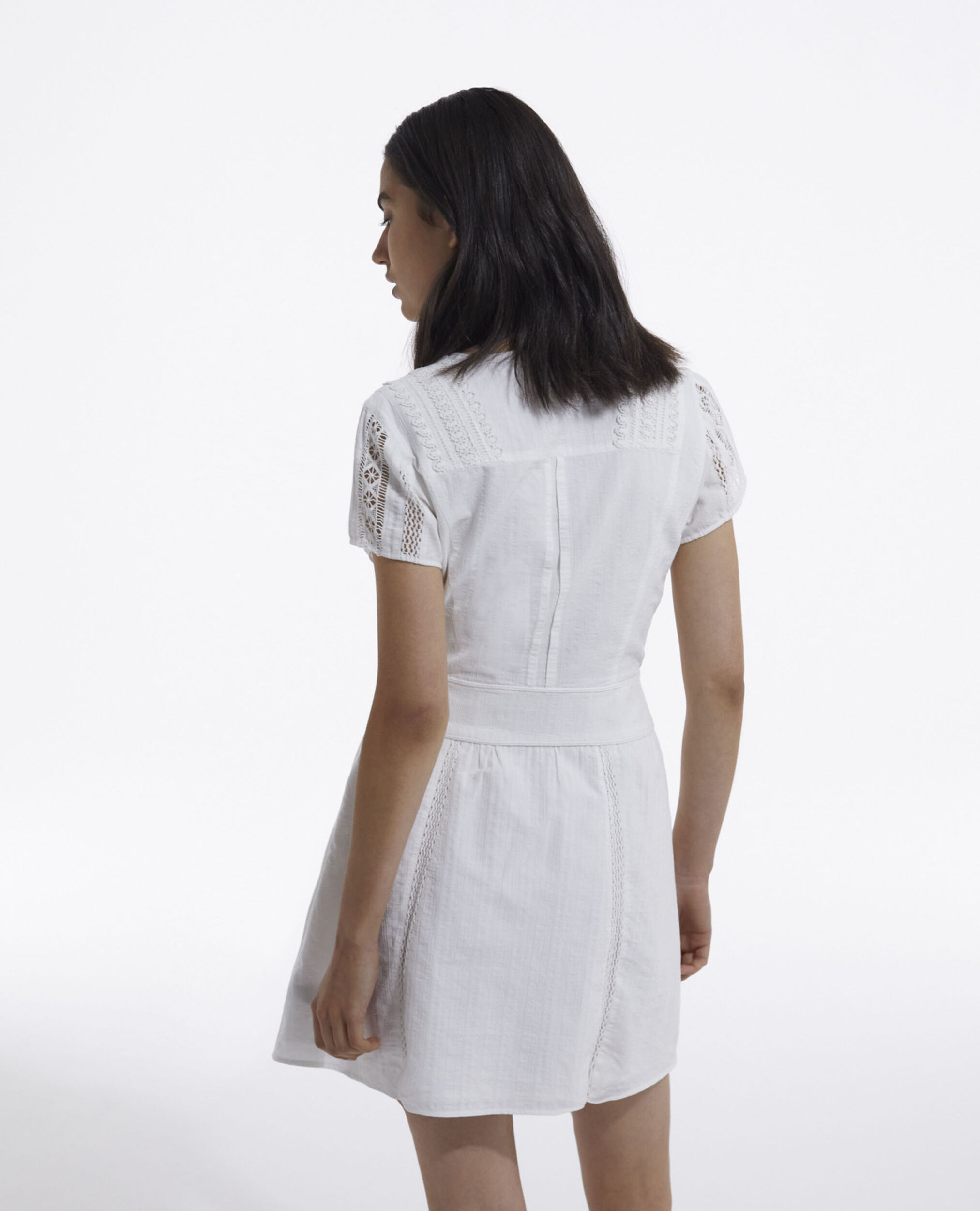 Short ecru embroidered dress w/ ribbon detail, OFF WHITE, hi-res image number null