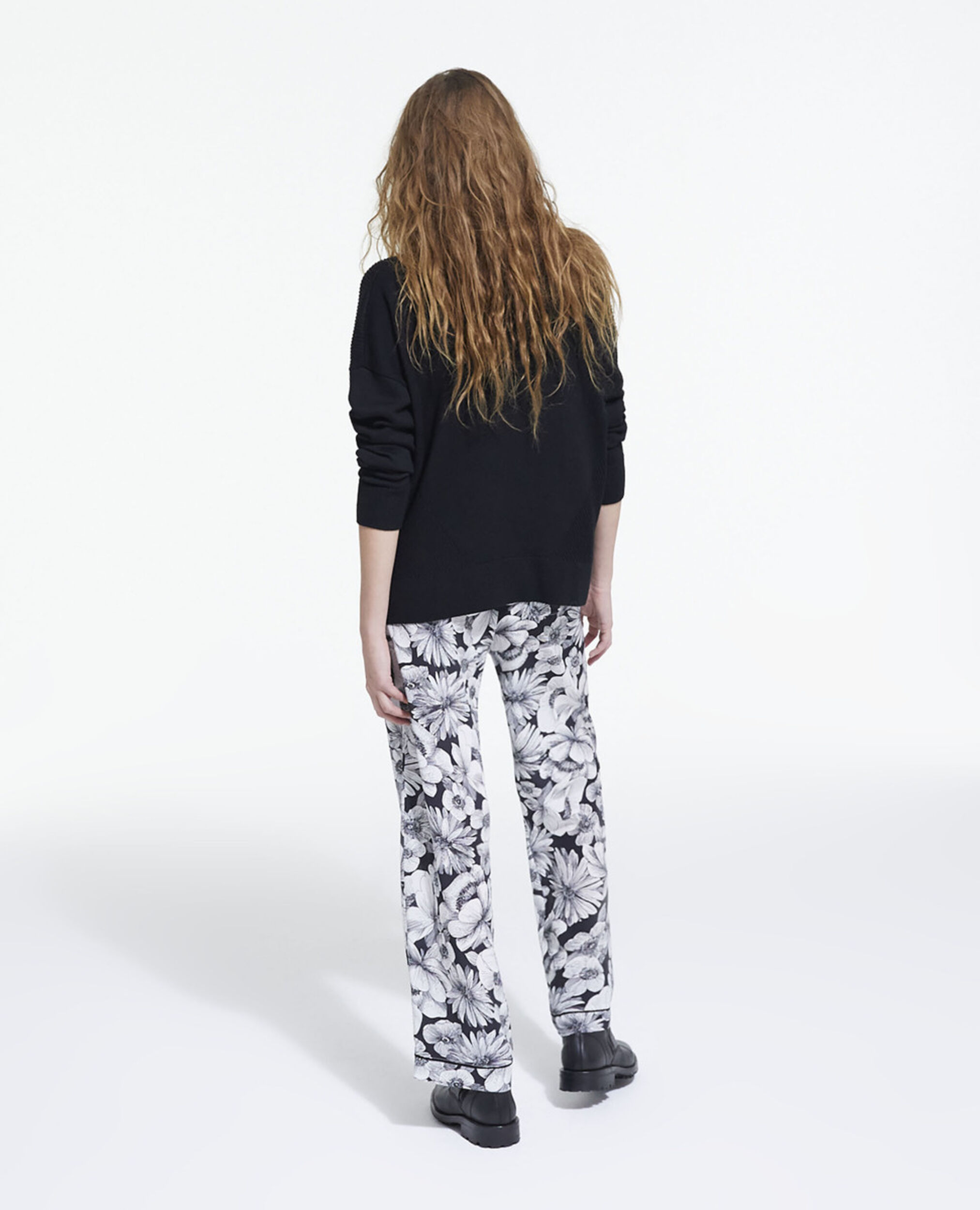 Floral silk pants, BLACK WHITE, hi-res image number null