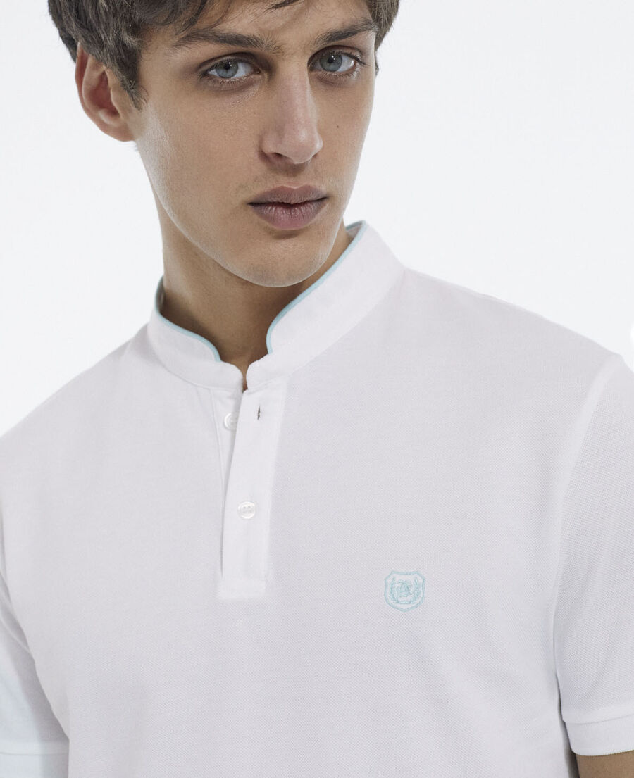 embroidered white polo w/ buttoned officer collar