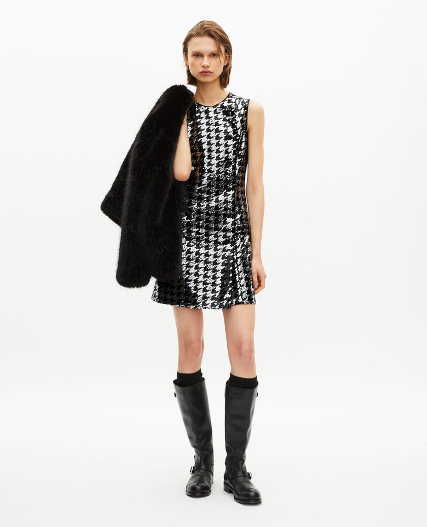 The Kooples FEMME BLACK WHITE robe courte en pied de poule à sequins noire