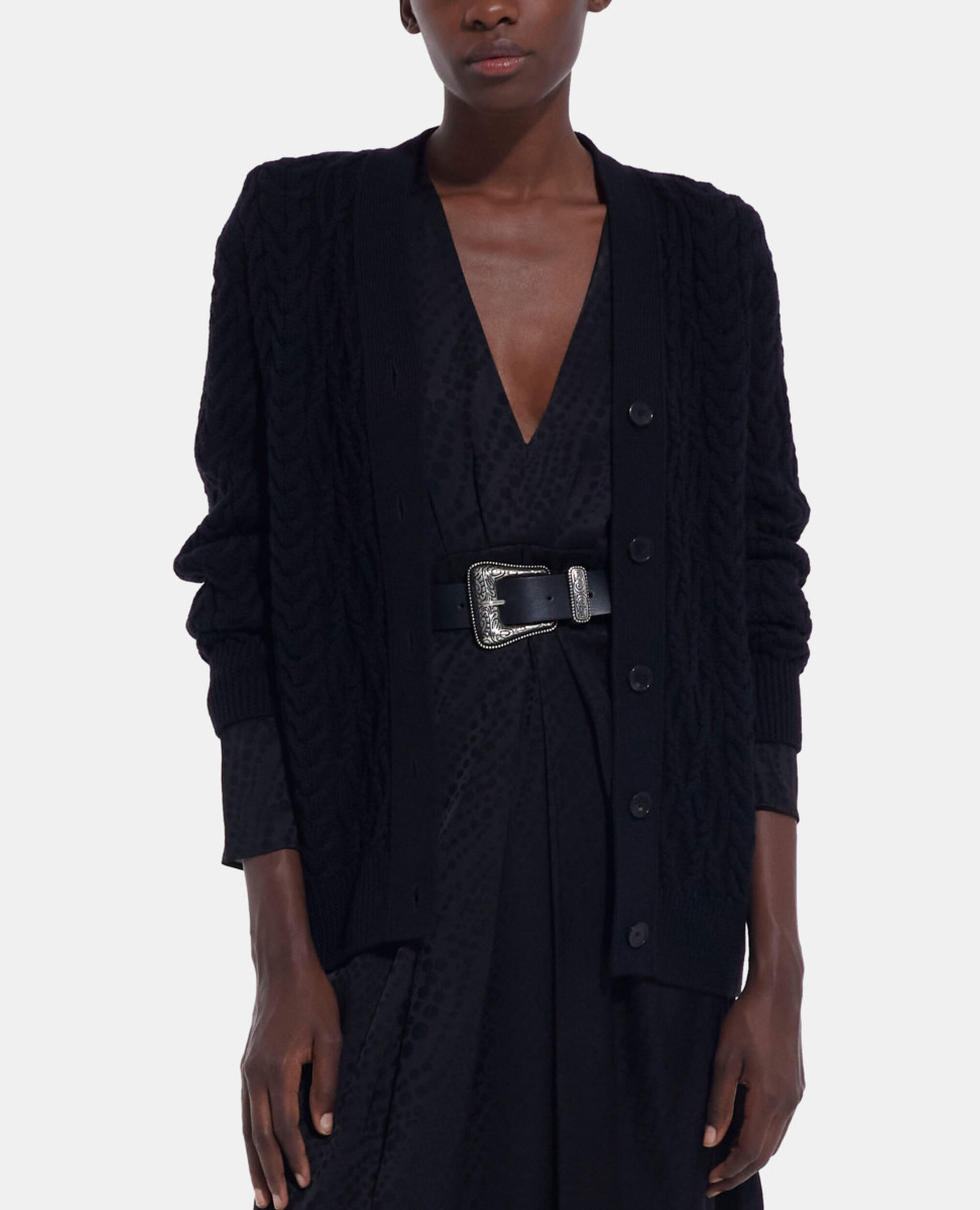 Black wool cardigan, BLACK, hi-res image number null