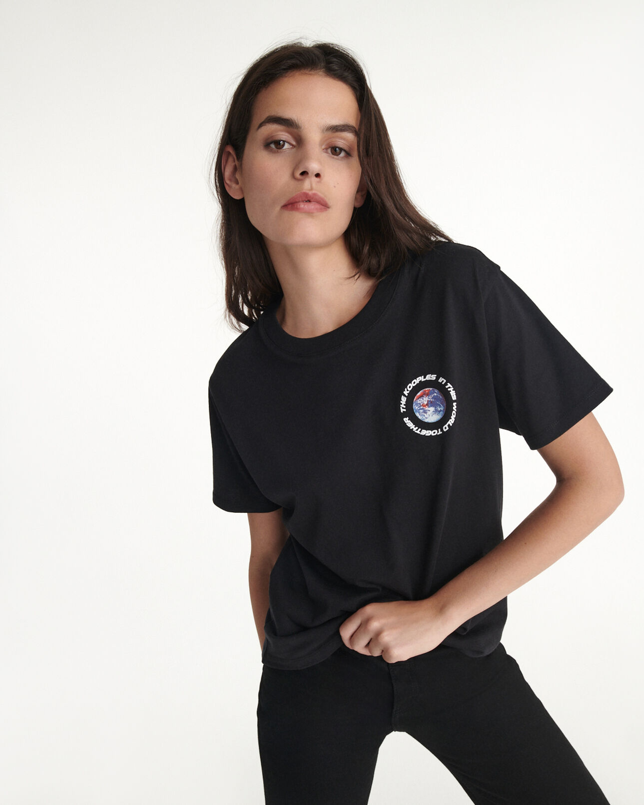 The Kooples WOMEN BLACK black cotton t-shirt with planet logo