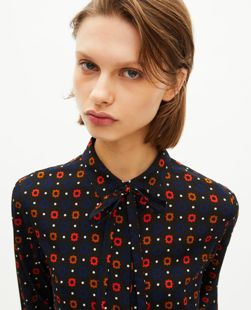 The Kooples WOMEN BLACK MELANGE black silk blend polka dot and floral print shirt