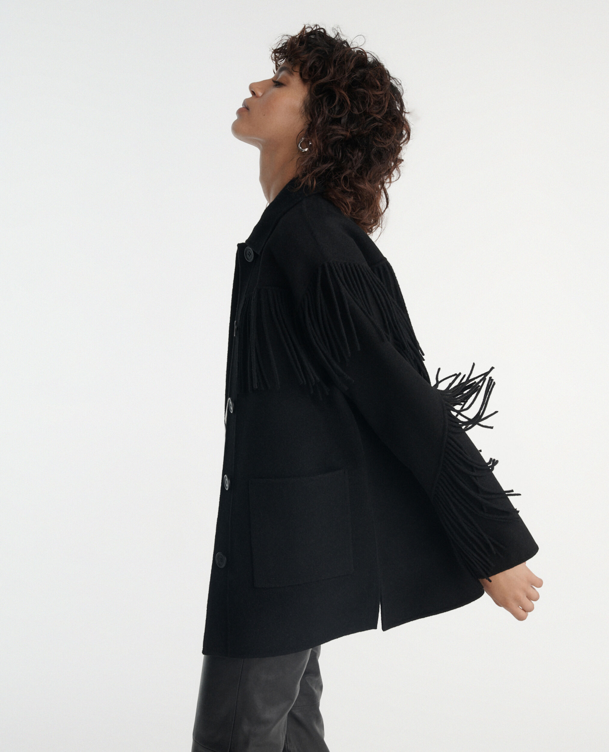 Black wool jacket with western-style fringing, BLACK, hi-res image number null