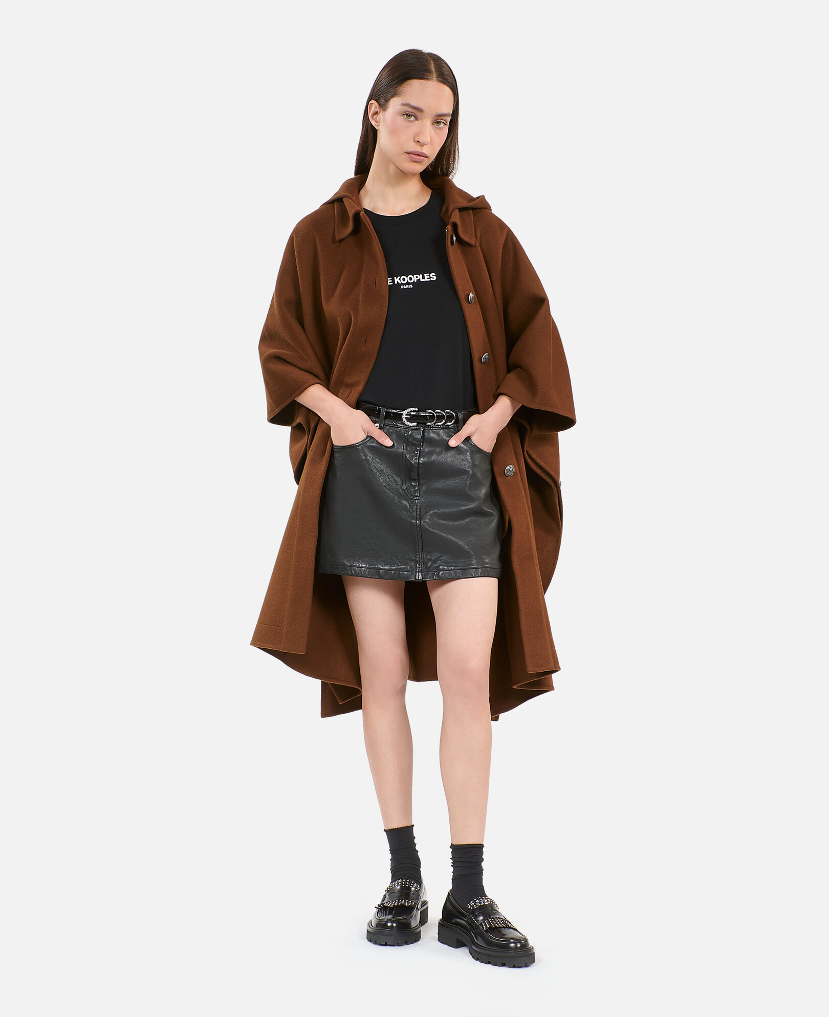 The Kooples FEMME DARK BROWN cape longue à capuche en laine mélangée marron