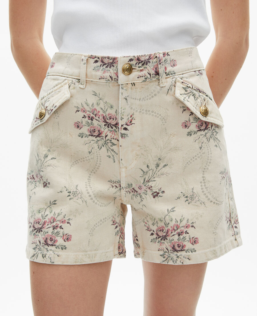 The Kooples WOMEN BEIGE TAUPE floral print shorts in beige denim