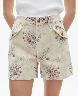 The Kooples FEMME BEIGE TAUPE short imprimé fleuri en denim beige