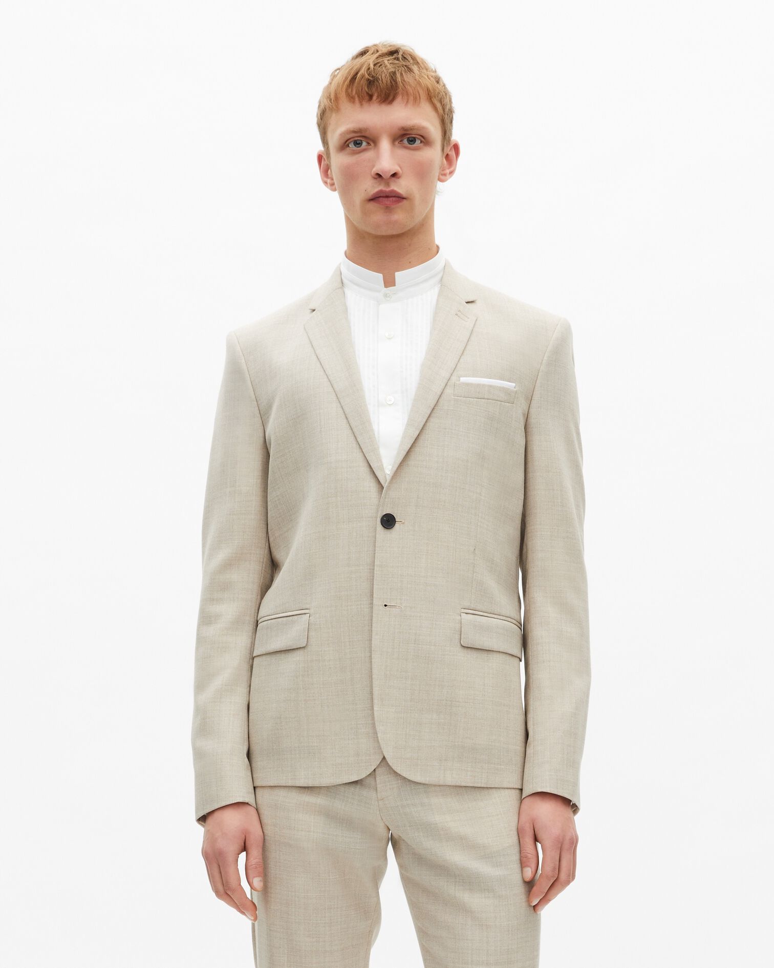 Beigefarbene, schmal geschnittene Anzugjacke aus Wolle, BEIGE, hi-res image number null