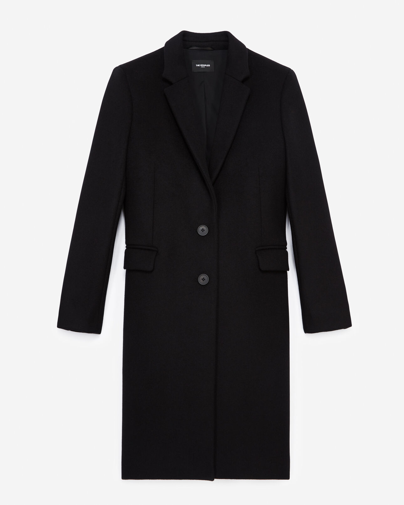 The Kooples FEMME BLACK manteau laine noir ajusté détail cuir