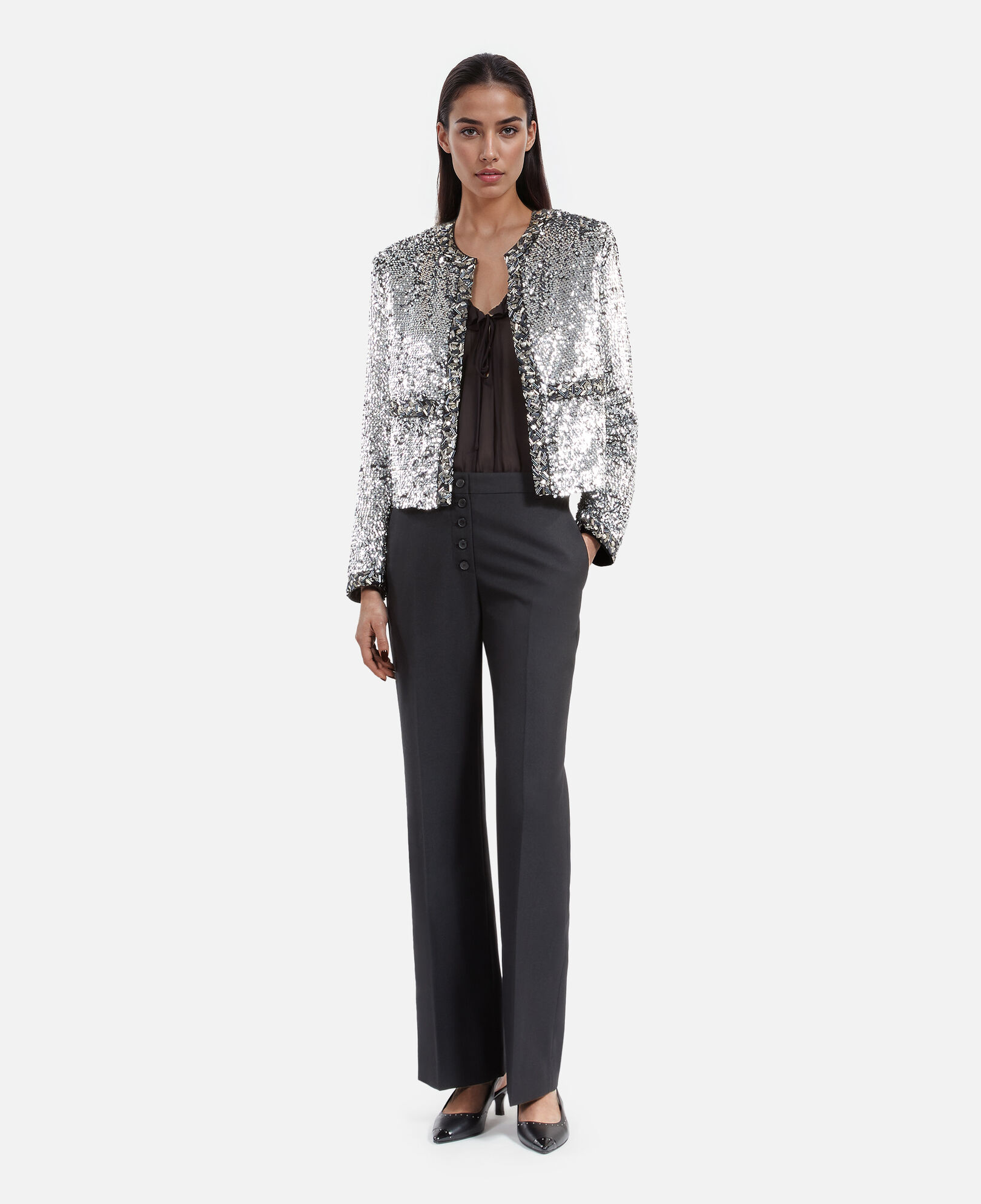 The Kooples WOMEN SILVER silver sequin and pearl jacket