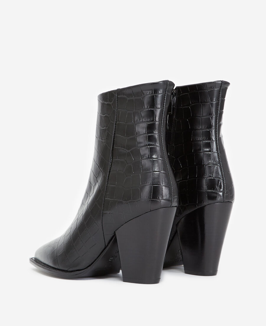 heeled croc-effect black leather ankle boots
