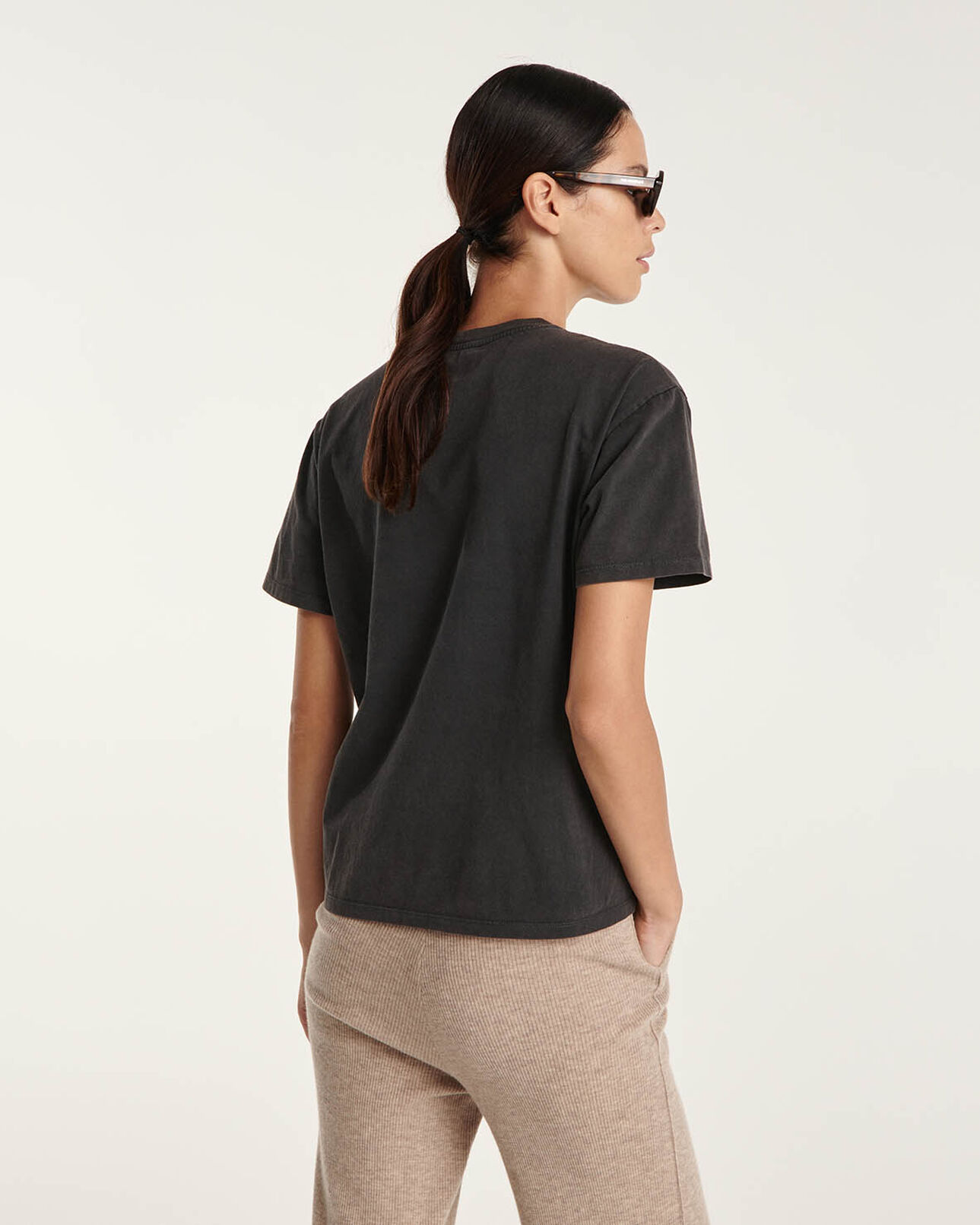 The Kooples WOMEN BLACK WASHED black cotton t-shirt with mountain print