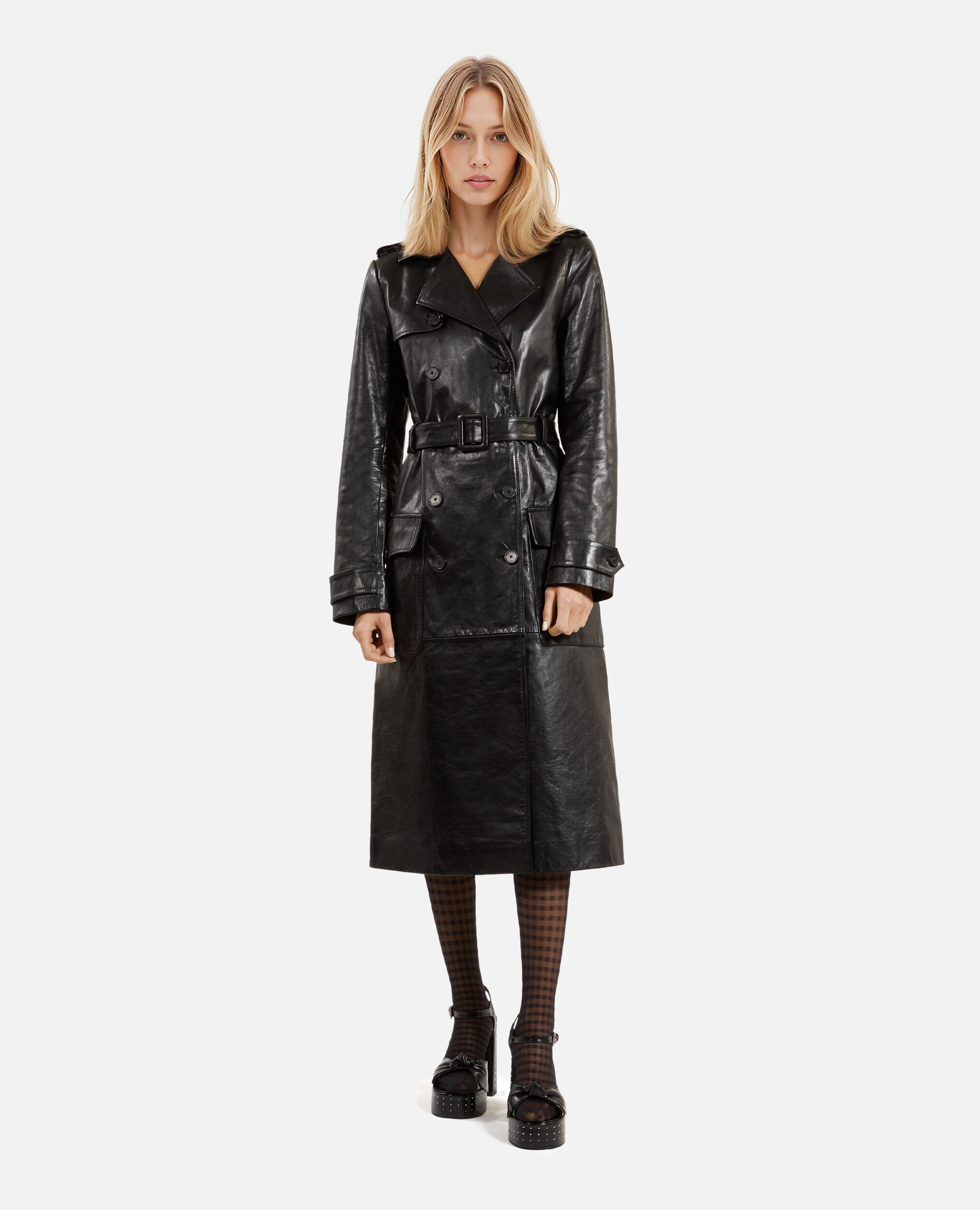 Trench long en cuir noir, BLACK, hi-res image number null