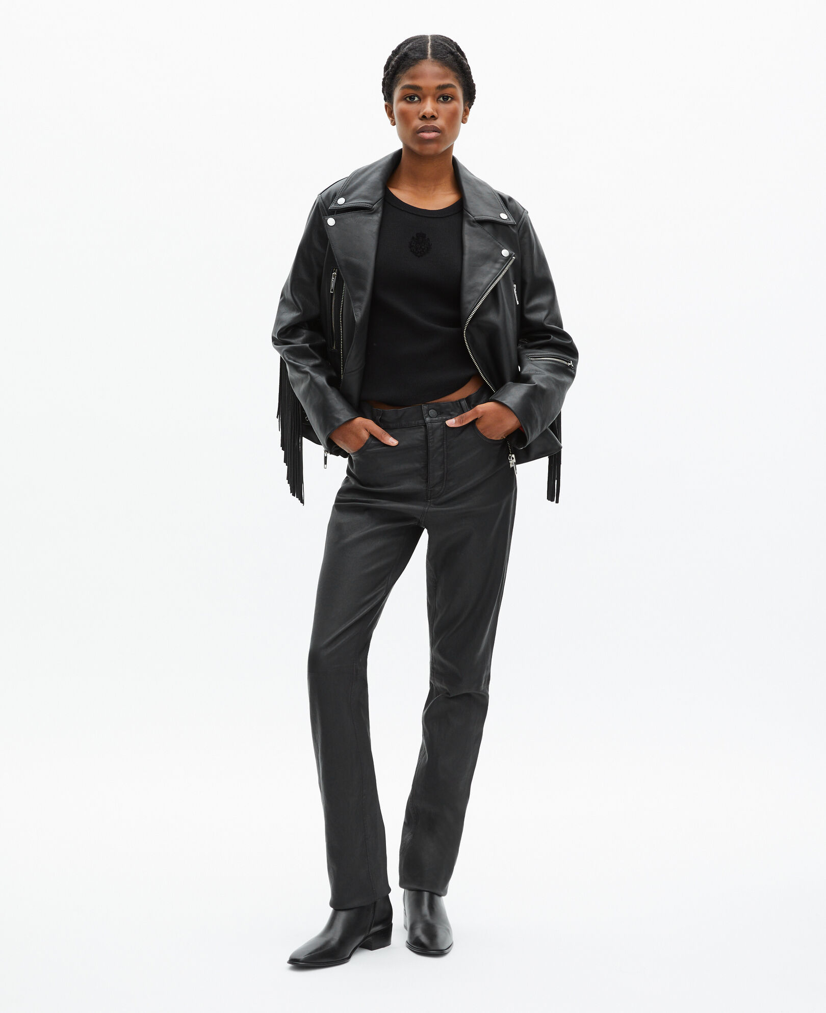 The Kooples DAMEN BLACK lederblouson mit fransen in schwarz