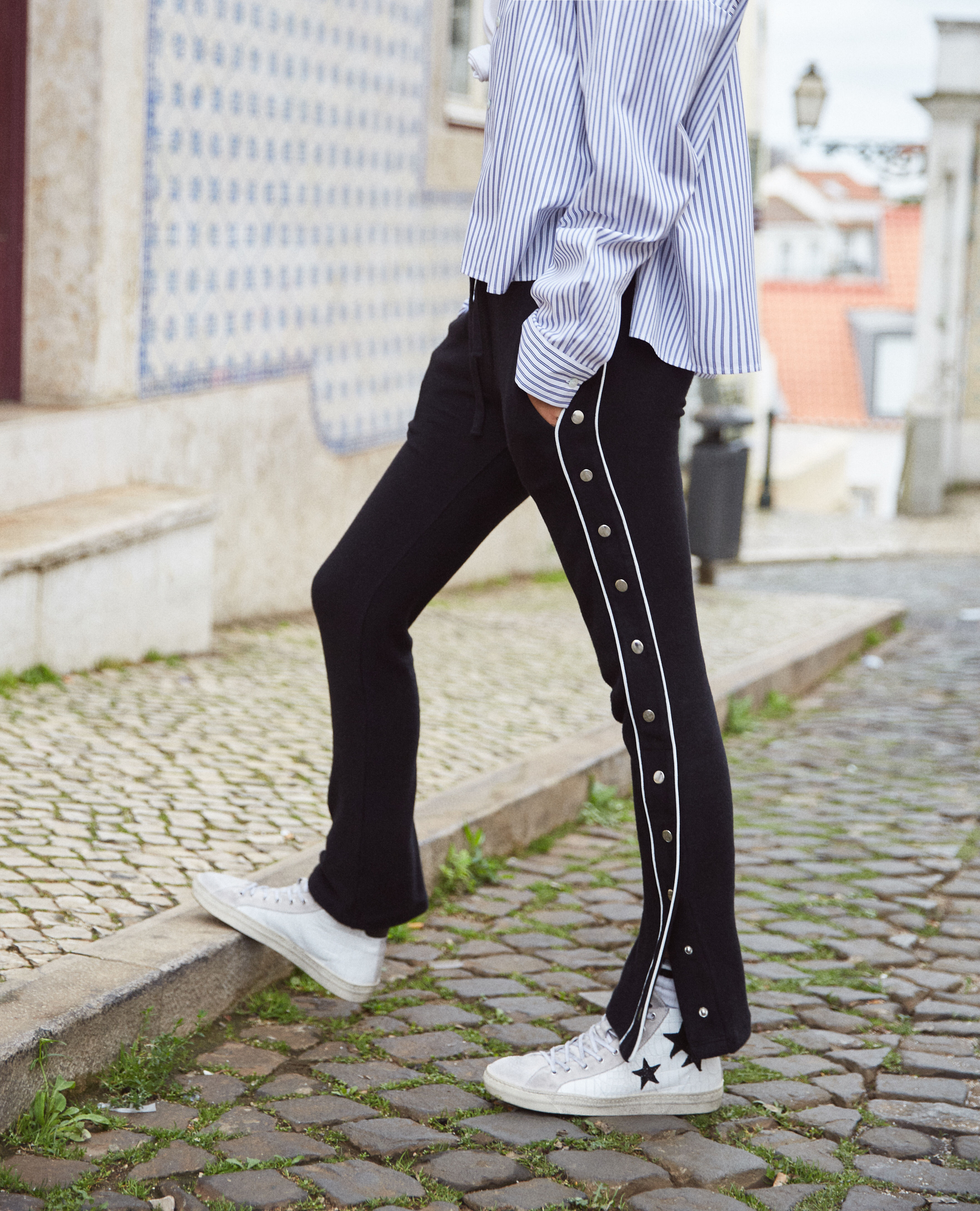 Black joggers with on sale white stripe