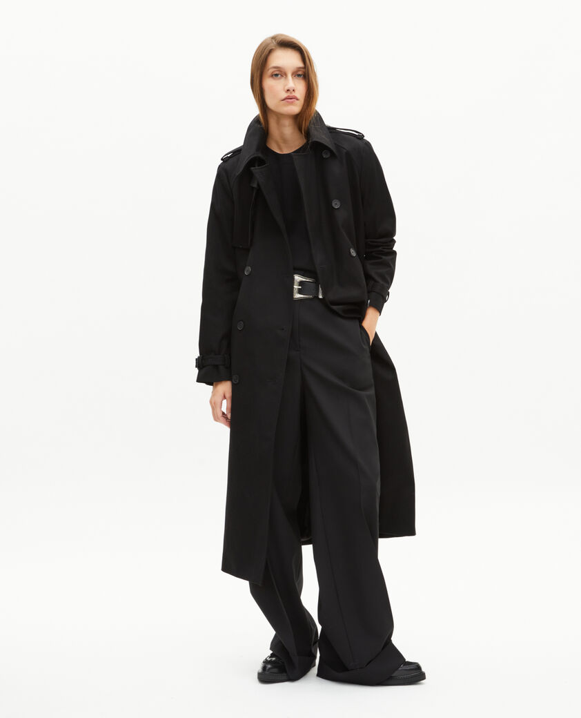 The Kooples DAMEN BLACK langer trenchcoat aus schwarzer baumwolle