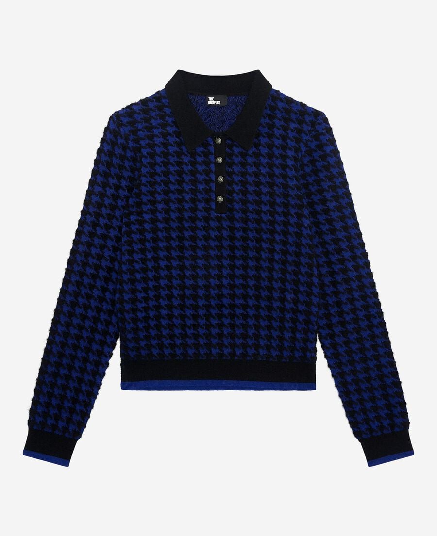 The Kooples WOMEN BLACK NAVY blue wool blend houndstooth polo neck sweater