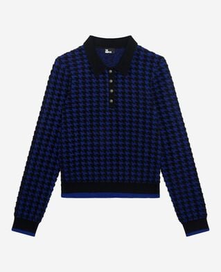 The Kooples WOMEN BLACK NAVY blue wool blend houndstooth polo neck sweater