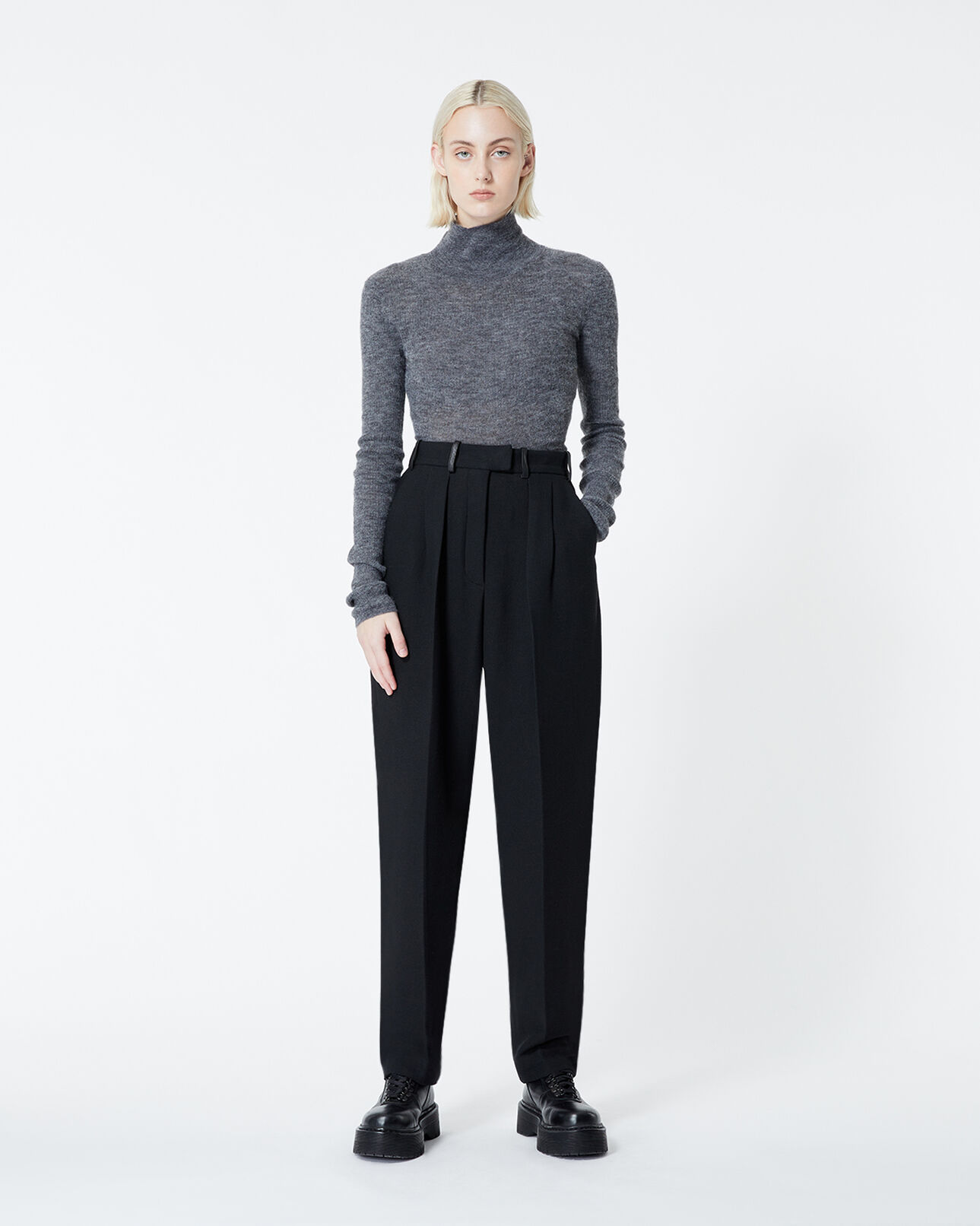 The Kooples FEMME GREY pull maille côtelée grise à col montant