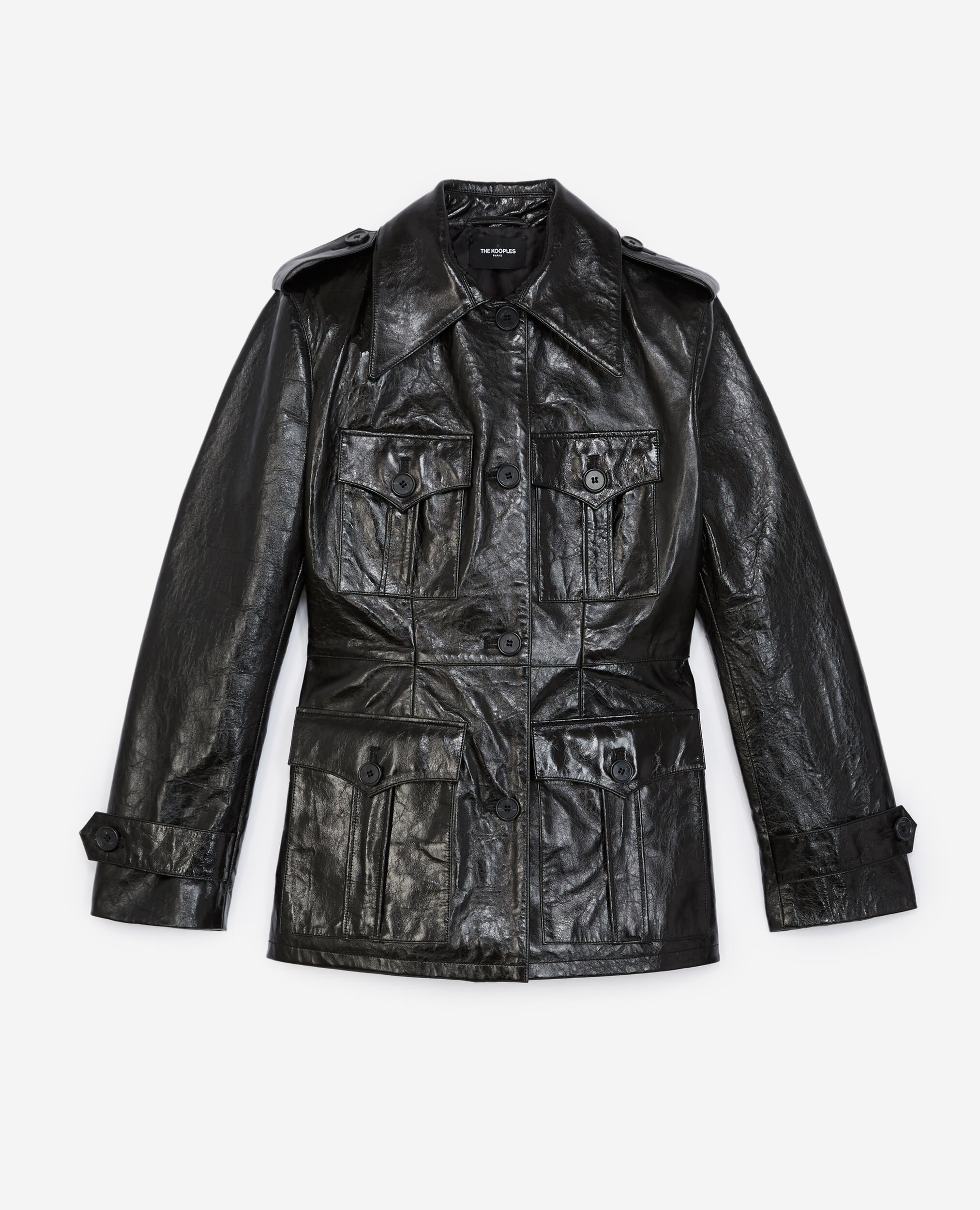 Safari jacket-style black leather jacket, BLACK, hi-res image number null