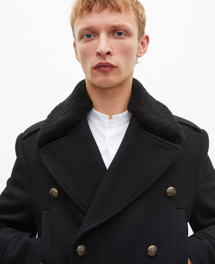 The Kooples MEN BLACK long coat with black sherpa collar