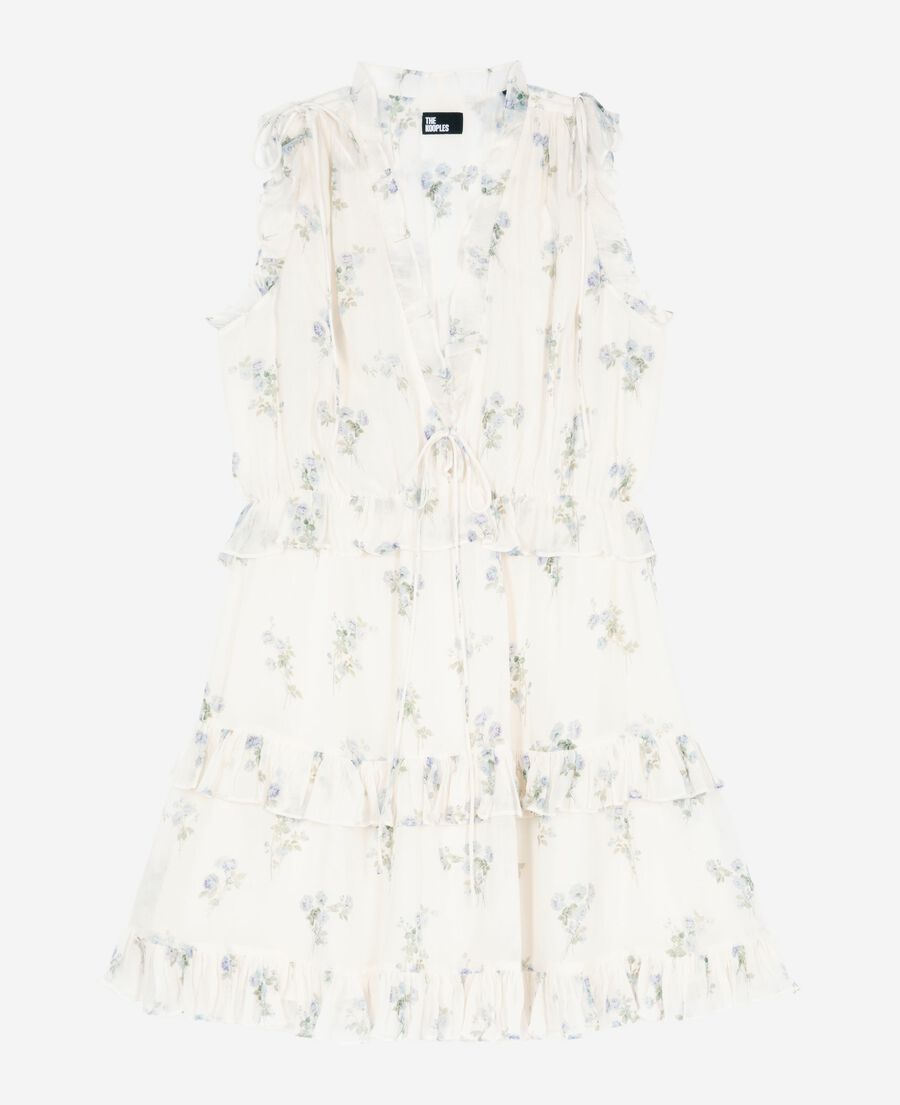 The Kooples FEMME WHITE / SKY BLUE robe courte &agrave; volants imprim&eacute; fleuri blanc