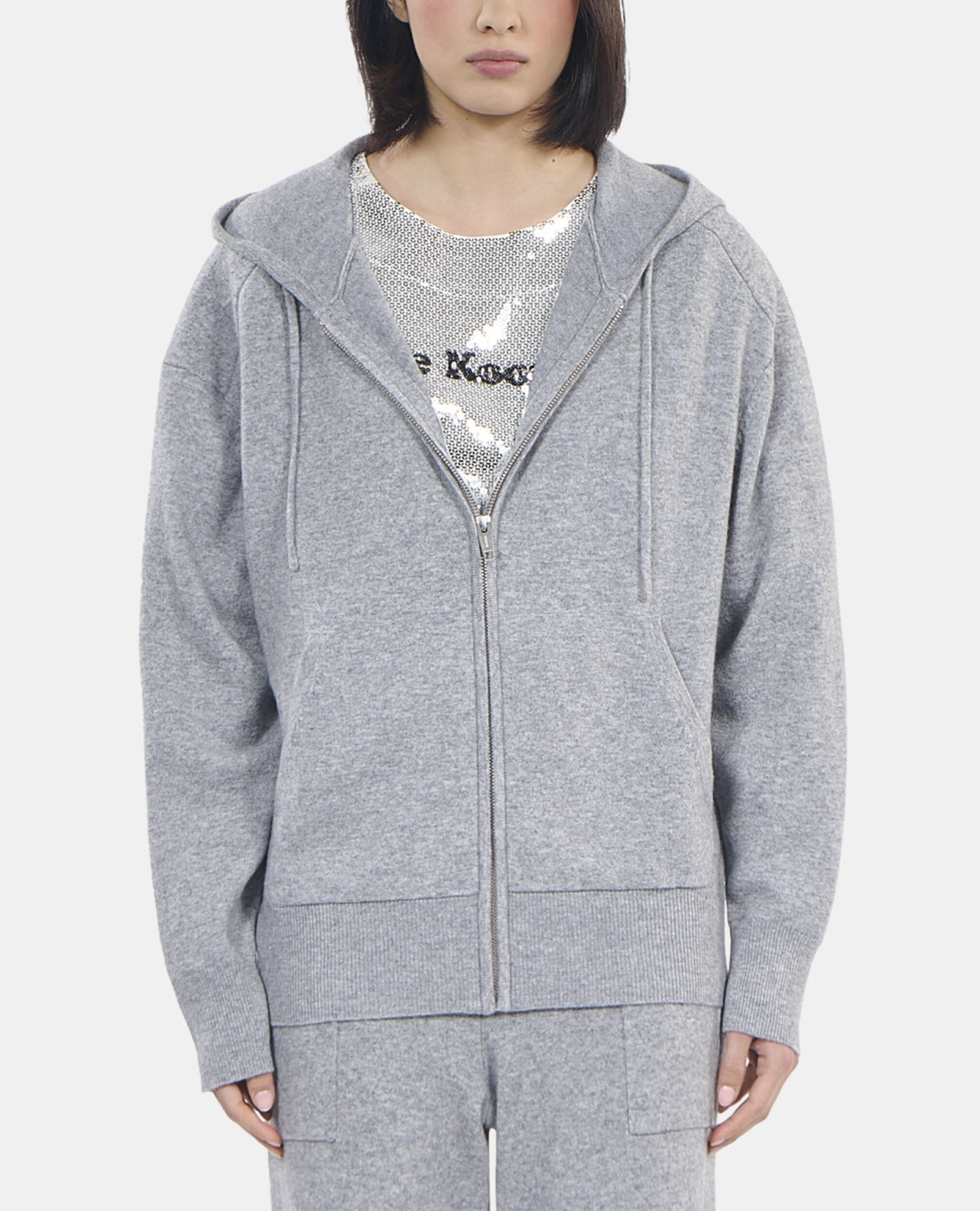 Grey wool and cashmere hoodie, MIDDLE GREY MEL, hi-res image number null