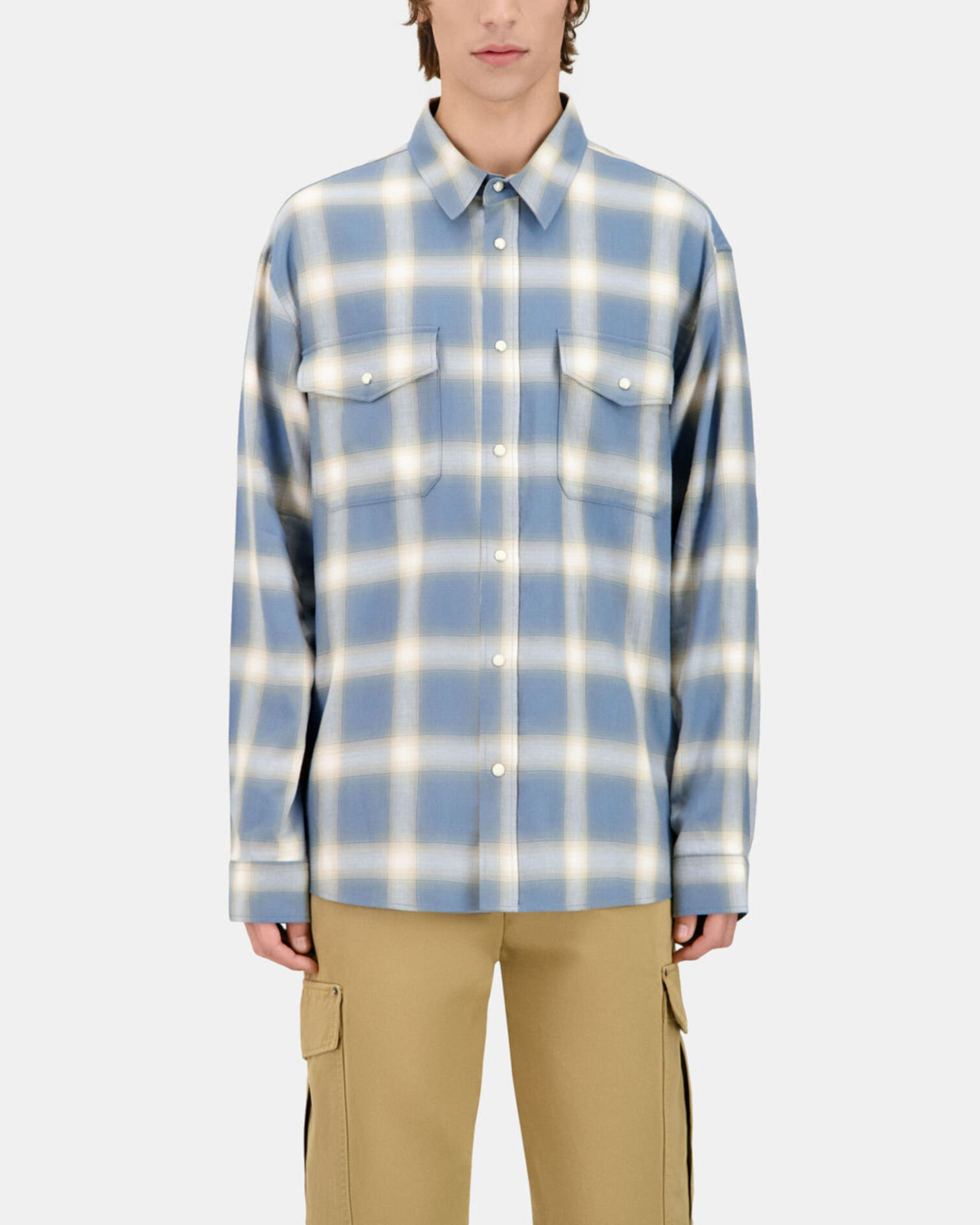 Light blue and gray checked long sleeve shirt, BLUE GREY, hi-res image number null