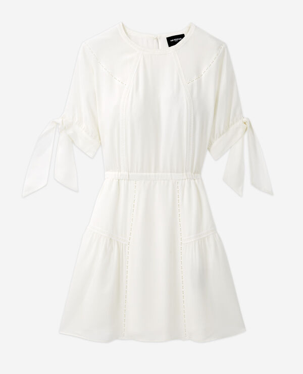 short white silk dress with knotted sleeves