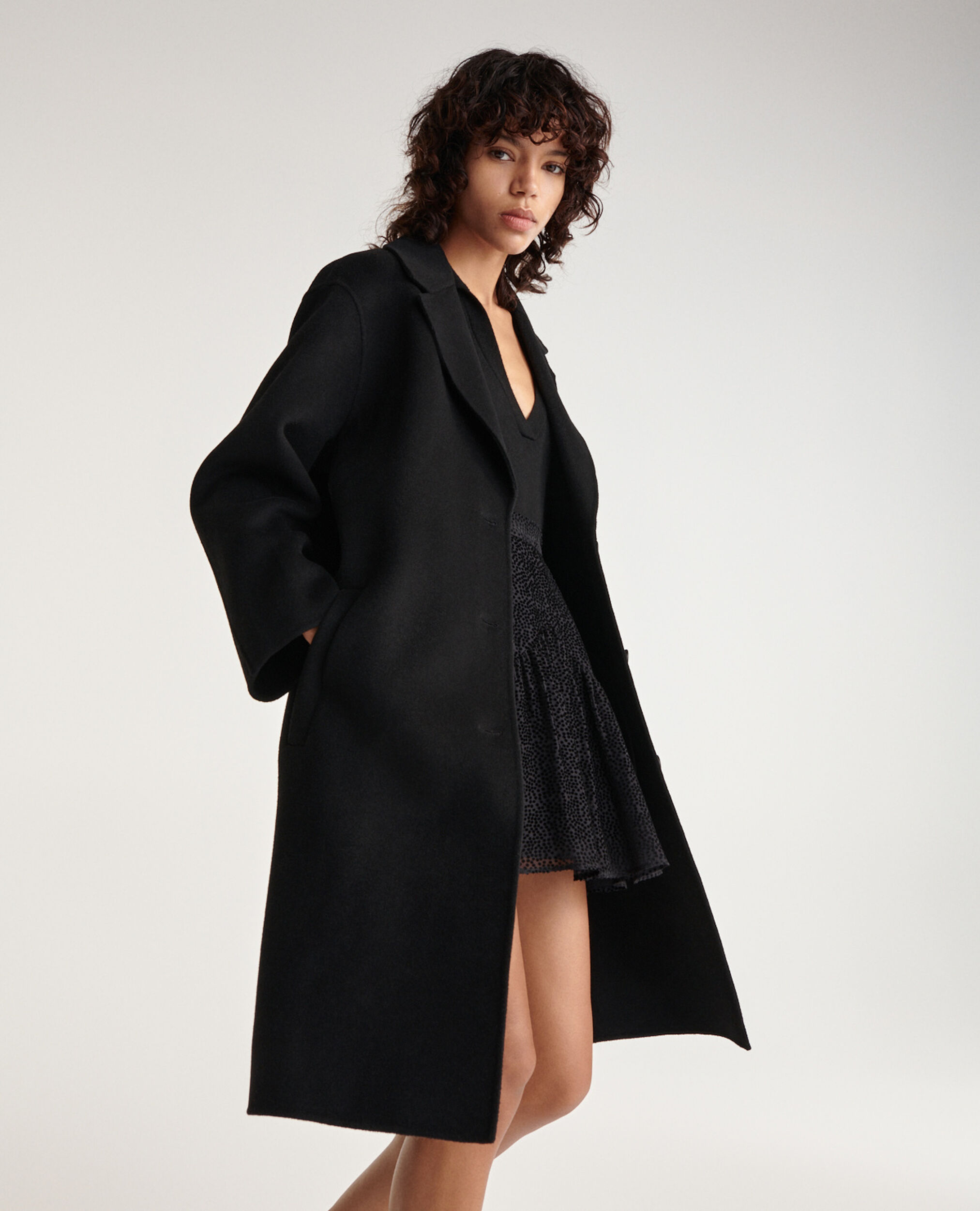 Double-faced button-up black wool coat, BLACK, hi-res image number null
