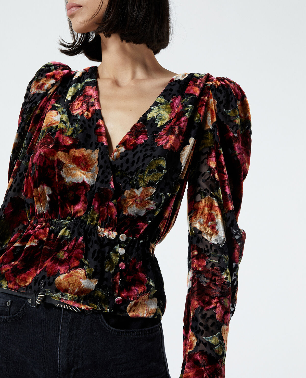 Burnout velvet top with orange floral print