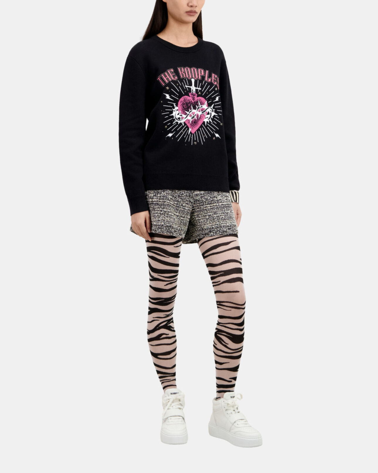 The Kooples FEMME BLACK WHITE pull noir dagger through heart avec étoiles