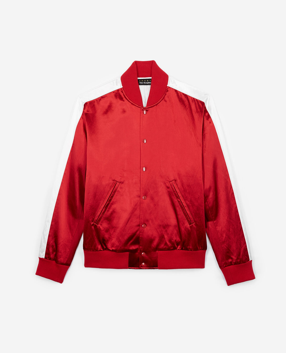 Red satin jacket with contrasting bands