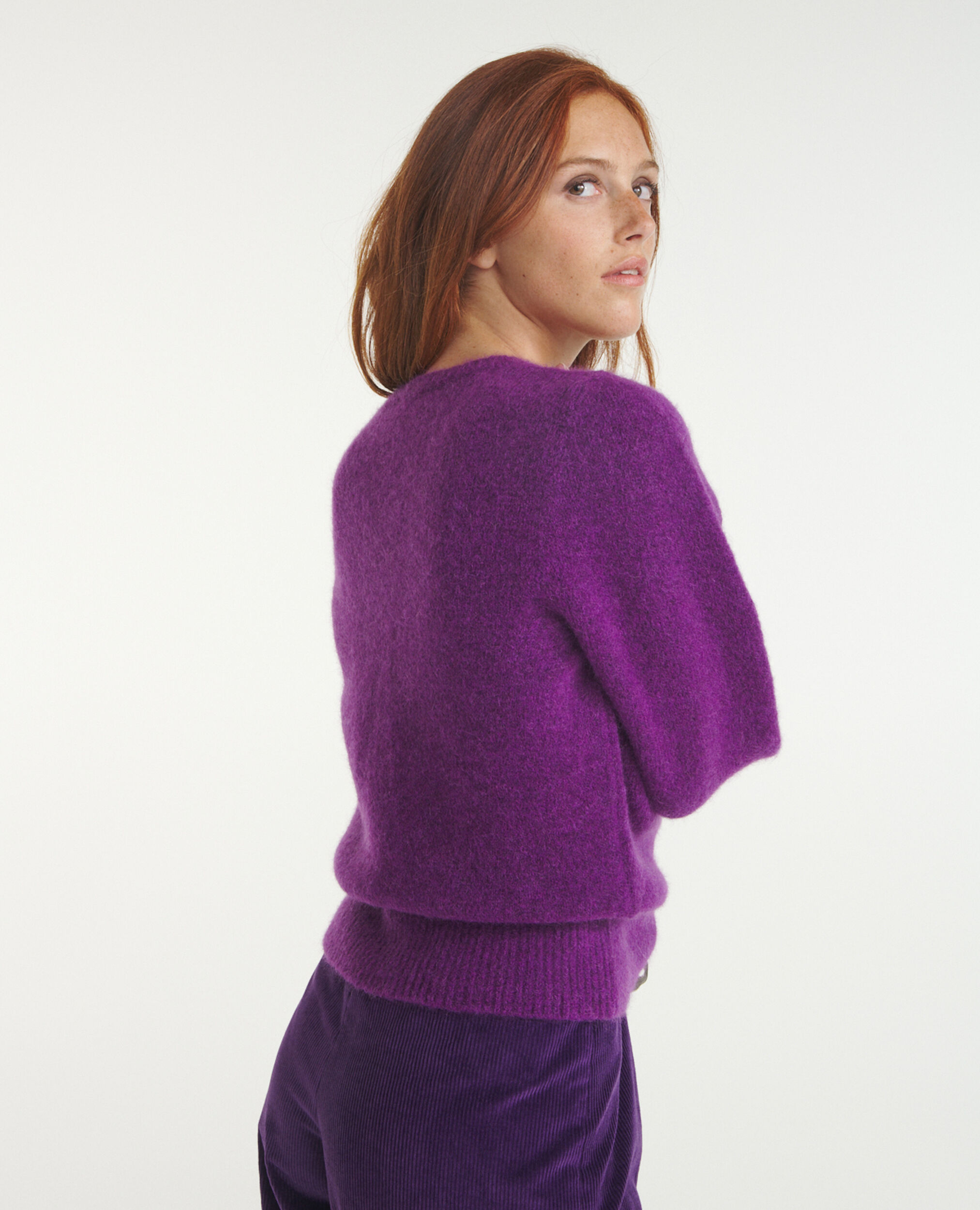 Purple V-neck sweater with loose sleeves, PURPLE, hi-res image number null