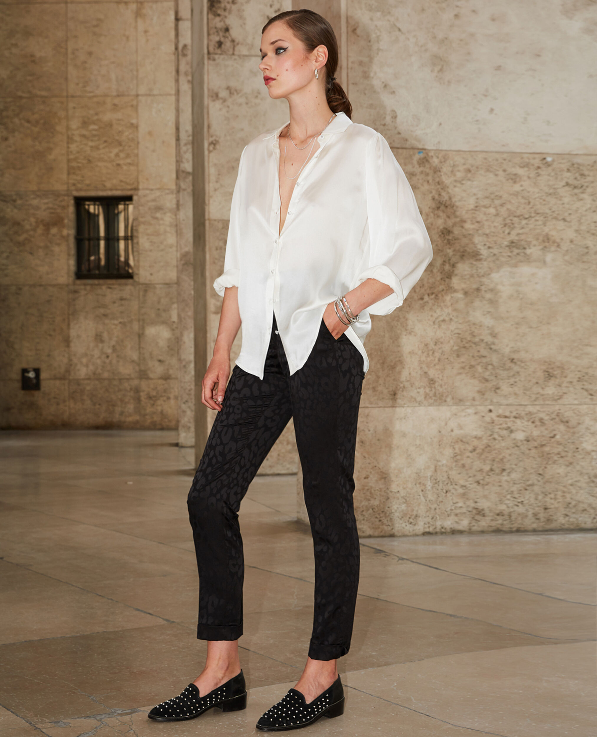 Black loose fit leopard print trousers, BLACK, hi-res image number null