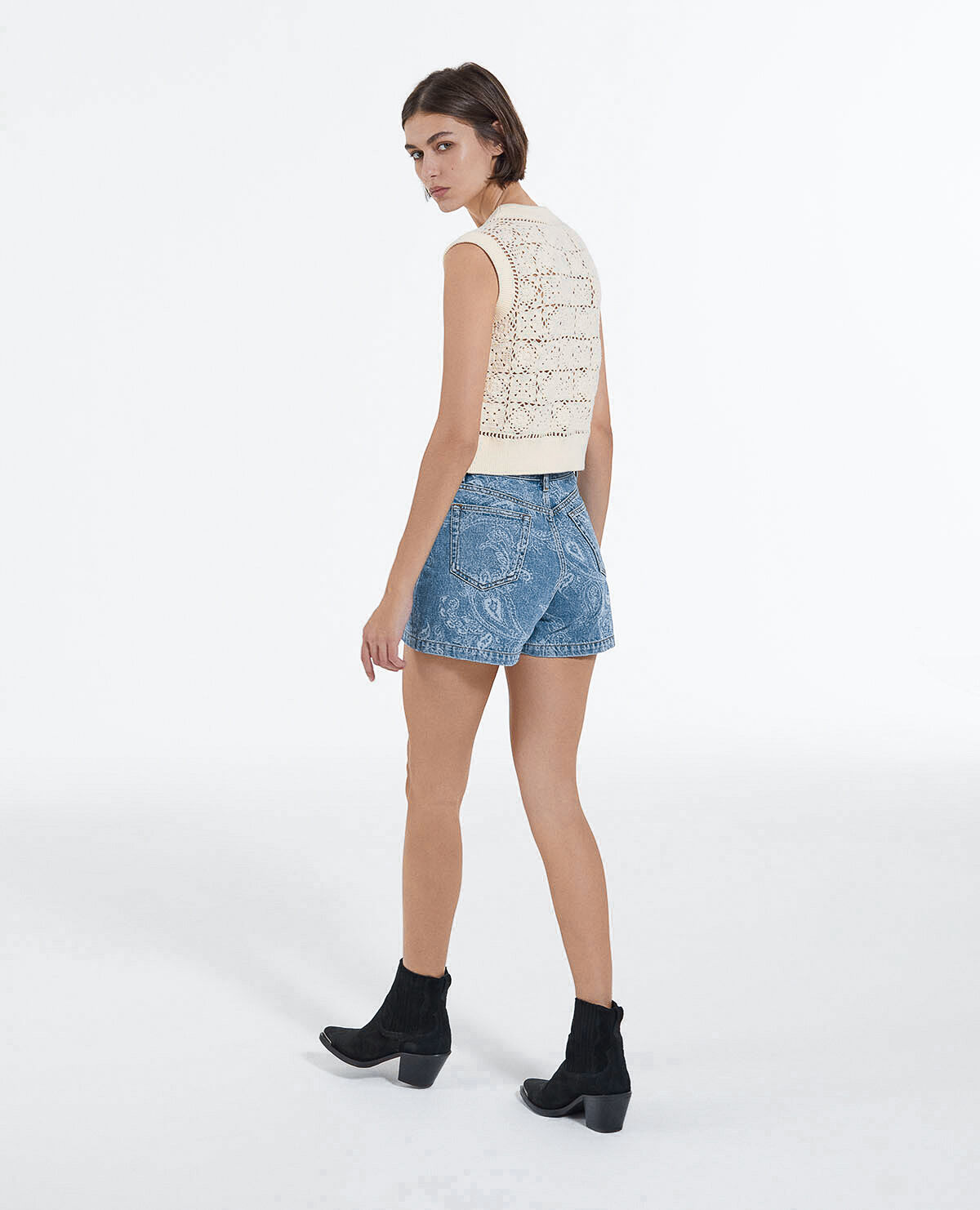 Cropped denim shorts sales