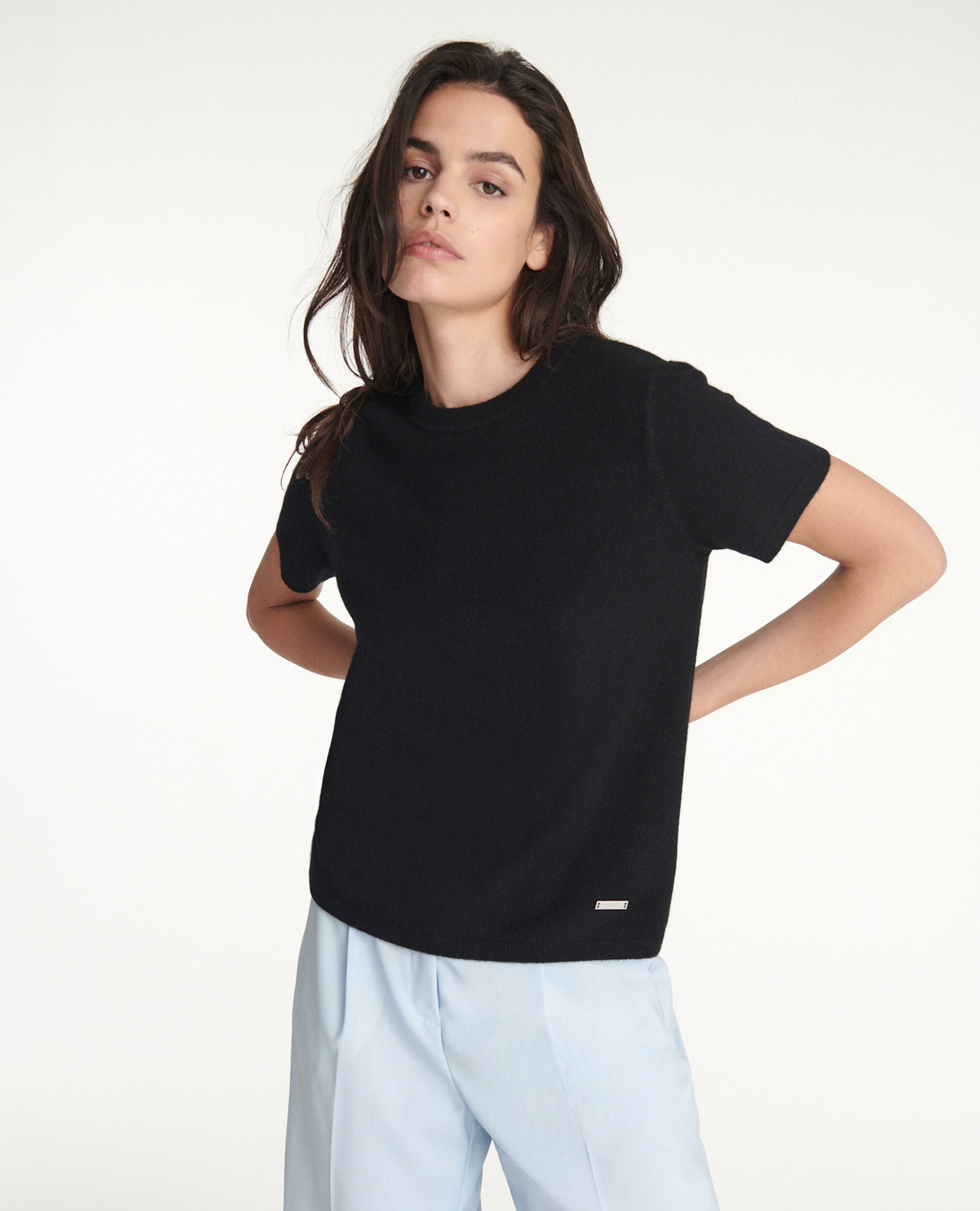 Black cashmere sweater with short sleeves, BLACK, hi-res image number null