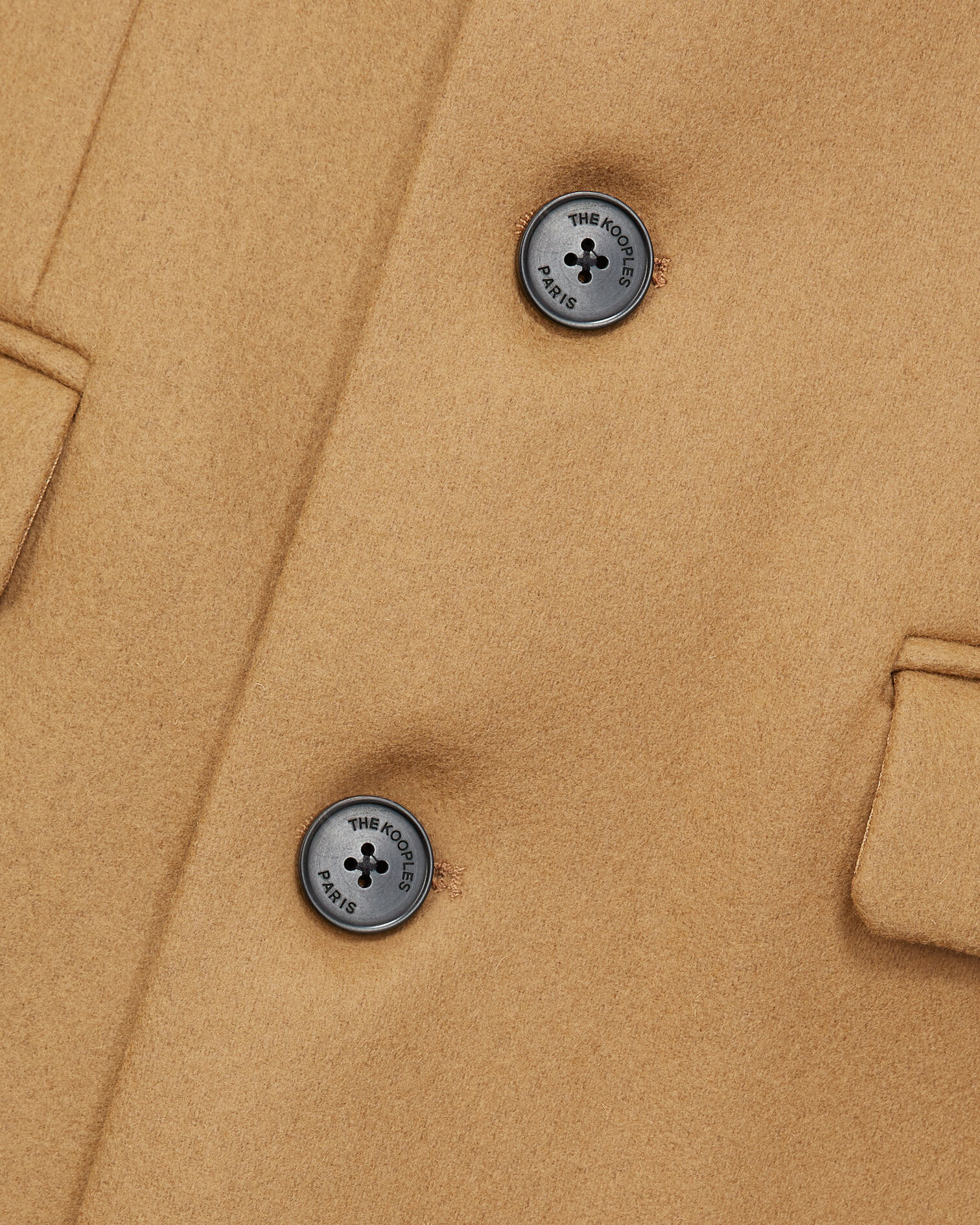 Manteau laine beige droit à détail cuir, CAMEL, hi-res image number null